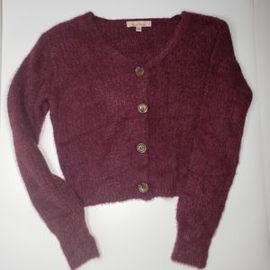 Love Tree burgundy fuzzy button up sweater small
